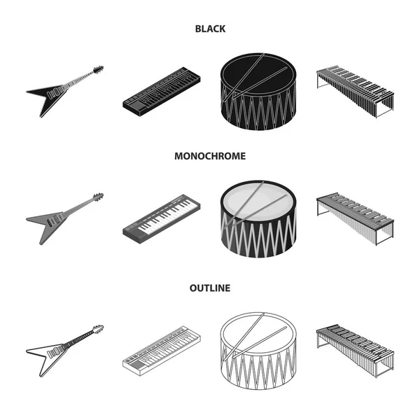 Instrumento musical preto, monocromático, ícones de contorno na coleção de conjuntos para design. Instrumento de corda e vento isométrico vetor símbolo web ilustração . —  Vetores de Stock