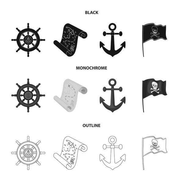 Pirata, bandido, timón, bandera .Pirates conjunto de iconos de colección en negro, monocromo, contorno estilo vector símbolo stock illustration web . — Vector de stock