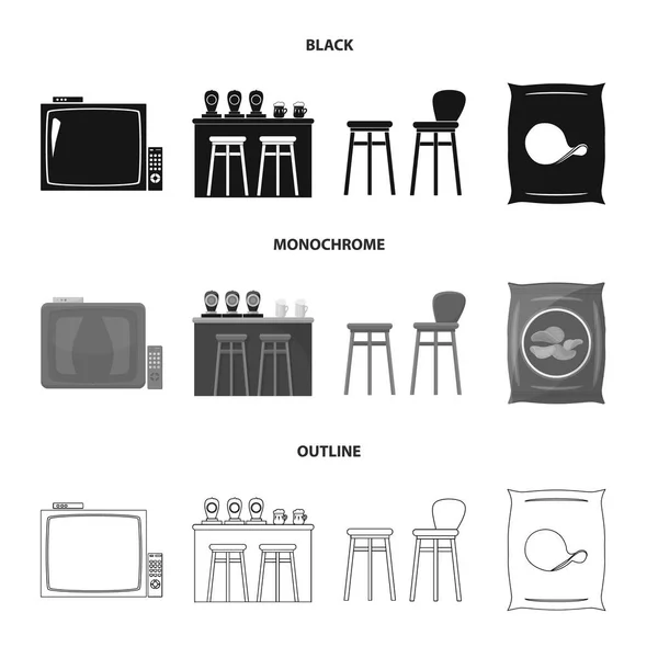 TV, bar teller, stoelen en fauteuils, potato chips. Pub instellen collectie iconen in zwart, zwart-wit, overzicht stijl vector symbool stock illustratie web. — Stockvector