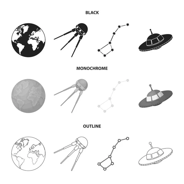 Föld bolygó a kontinensek és az óceánok, repülő műholdas, Ursa Major, Ufo. Hely készlet gyűjtemény ikonok-ban fekete, fekete-fehér, vázlat stílusú vektor szimbólum stock illusztráció web. — Stock Vector
