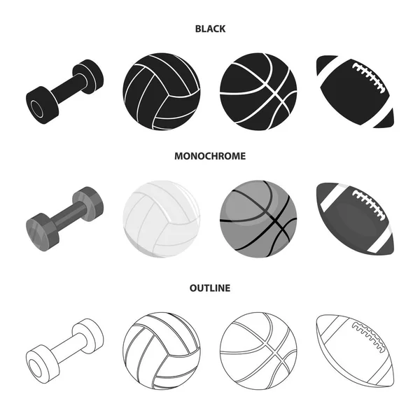 Blå hantel, vit fotboll, basket, rugby boll. Sport som samling ikoner i disposition stil vektor symbol stock illustration web, svart, svartvitt. — Stock vektor