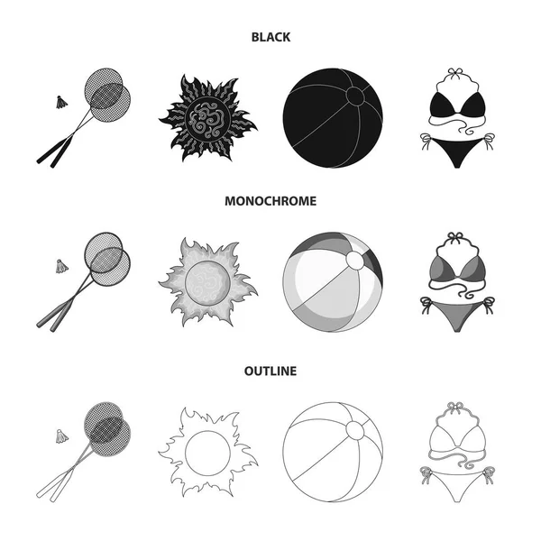 Un jeu de badminton, une balle et le soleil. icônes de collection ensemble vacances d'été en noir, monochrome, contour style vectoriel symbole illustration web . — Image vectorielle