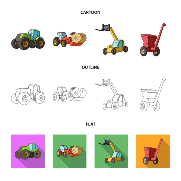 Traktor, Heuwuchtmaschine und andere landwirtschaftliche Geräte. Landmaschinen Set Sammlung Symbole in Cartoon, Umriss, flachen Stil Vektor Symbol Stock Illustration Web. — Stockvektor