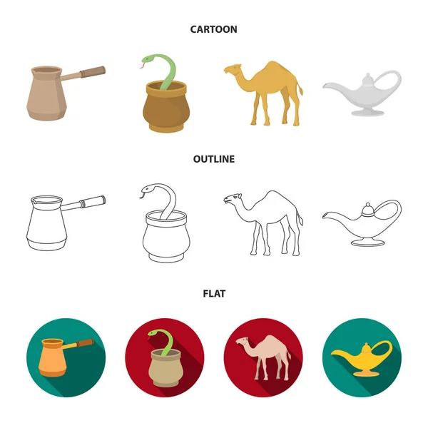 Cezve, lámpara de aceite, camello, serpiente en la cesta. emiratos árabes conjunto de iconos de la colección en dibujos animados, contorno, vector de estilo plano símbolo stock illustration web . — Archivo Imágenes Vectoriales