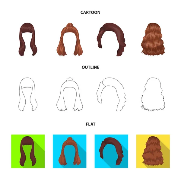 Largo, rojo y otros tipos de peinados. Volver peinado conjunto colección iconos en dibujos animados, contorno, estilo plano vector símbolo stock ilustración web . — Vector de stock