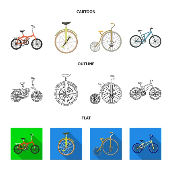 Retro, jednokolka a jiných druhů. Různé jízdní kola sada kolekce ikon v karikatuře, obrys, plochý vektor symbol akcií ilustrace web. — Stockový vektor