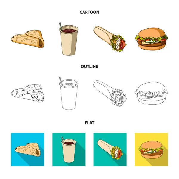 Veloce, pasto, mangiare e altra icona web in cartone animato, contorno, stile piatto.Pancakes, farina, prodotti, icone in collezione set . — Vettoriale Stock