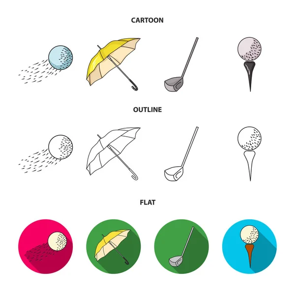 En flygande boll, en gult paraply, en golfklubb, en boll på ett stativ. Golfklubb som samling ikoner i tecknad, skissera, platt stil vektor symbol stock illustration web. — Stock vektor