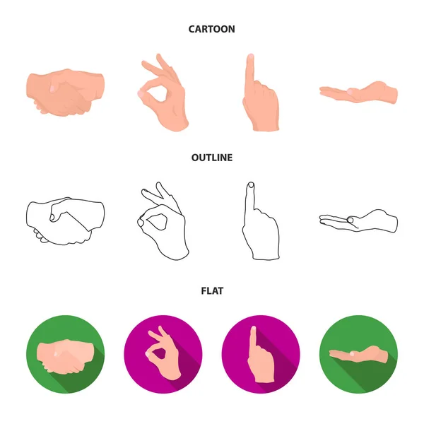Um aperto de mão, está bem, indexe, palma. mão gesturesv conjunto coleção ícones em desenho animado, esboço, estilo plano símbolo vetorial estoque ilustração web . —  Vetores de Stock