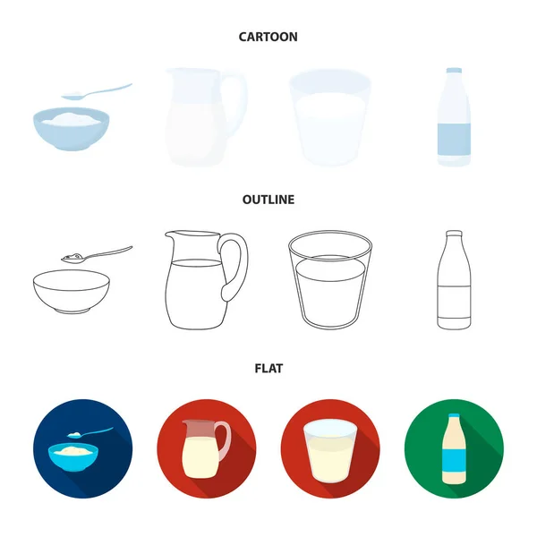 Schale mit Quark, ein Glas, eine Flasche Kefir, ein Krug. moloko set collection icons in cartoon, outline, flat style vektor symbol stock illustration web. — Stockvektor