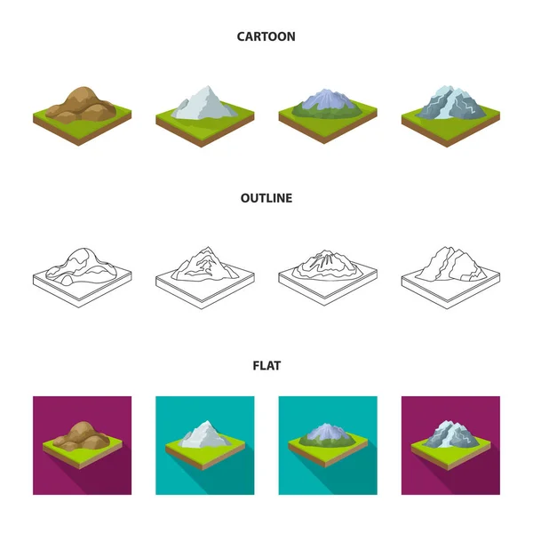 Berge, Felsen und Landschaft. Relief und Berge setzen Sammlung Symbole in Cartoon, Umriss, flachen Stil isometrischen Vektor Symbol Stock Illustration Web. — Stockvektor