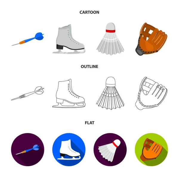 Šipky šipky, bílé brusle brusle, badminton kuželka, rukavice pro hru. Sportovní sada kolekce ikon v karikatuře, obrys, plochý vektor symbol akcií ilustrace web. — Stockový vektor