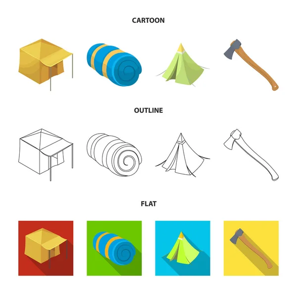 Tent with awning, ax and other accessories.Tent set collection icons in cartoon,outline,flat style vector symbol stock illustration web. — Stock Vector