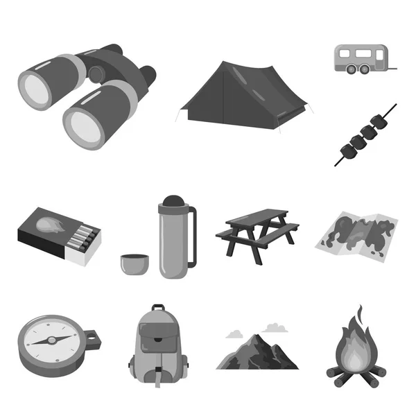 Vila i camping monokrom ikonerna i set insamling för design. Camping och utrustning vektor symbol lager web illustration. — Stock vektor
