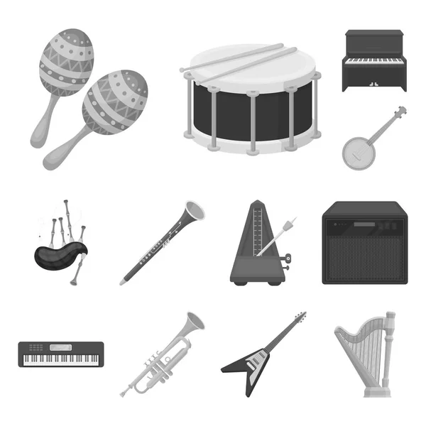 Монохромные иконы музыкального инструмента в коллекции наборов для дизайна. Рисунок векторных символов струн и ветра . — стоковый вектор