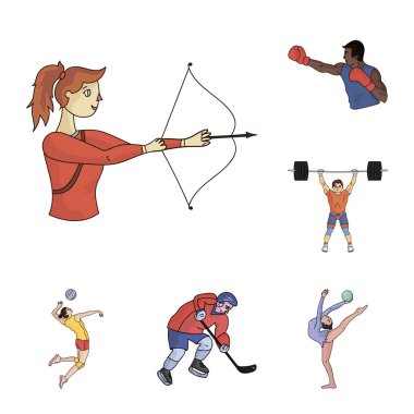 Spor çeşitleri set koleksiyonu tasarım için simgeleri karikatür. Atlet, yarışmalar sembol stok web illüstrasyon vektör.