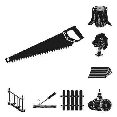 Kereste ve ahşap set koleksiyonu tasarım için simgeler siyah. Donanım ve araçlar sembol stok web illüstrasyon vektör.