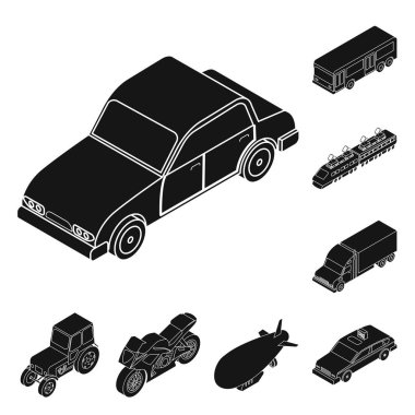 Set koleksiyonu tasarım için taşıma siyah simgeler farklı türleri. Araba ve gemi izometrik vektör simge stok web çizimi.