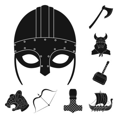 Vikingler ve öznitelikleri set koleksiyonu tasarım için simgeler siyah. Eski İskandinav savaşçı vektör simge stok çizim.