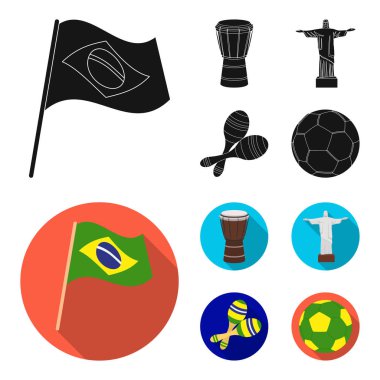 Brezilya, ülke, bayrağını, drum. Brezilya ülke toplama simgeler siyah, düz stil vektör simge stok çizim web içinde ayarla..