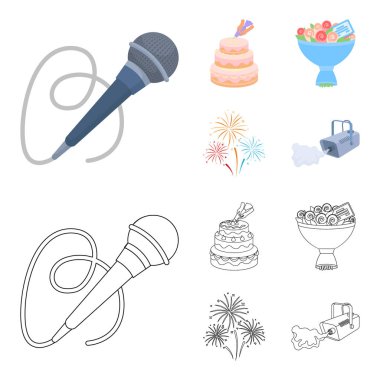 El bir kek krem, bir kablo ile bir mikrofon, bir buket gül bir tebrik kartı, bir festival selam ile yapmak. Etkinlik Hizmetleri toplama simgeler çizgi film, anahat stili vektör simge stok ayarla.