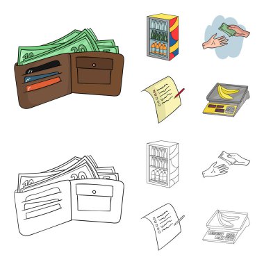 Satınalma, ürünler, alışveriş, vitrin. Süpermarket toplama simgeler çizgi film, anahat stili vektör simge stok çizim web ayarla..