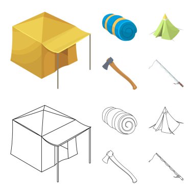 Çadır Tente, ax ve diğer aksesuarları ile. Çadır toplama simgeler çizgi film, anahat stili vektör simge stok çizim web ayarla..