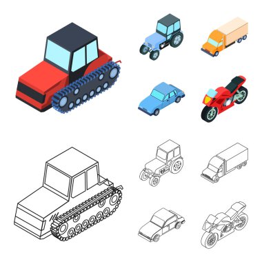 Traktör, caterpillar traktör, kamyon, araba. Çizgi film, anahat stili vektör simge stok çizim web simgeler taşıma kümesi.