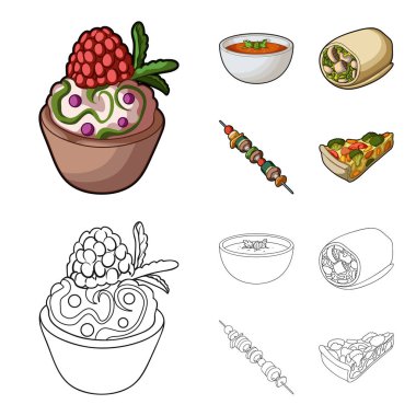 Ahududu, Yeşiller, sebze sosis, şişleri sebze vejetaryen çorbası ile pasta. Vejetaryen yemekleri toplama simgeler çizgi film, anahat stili vektör simge stok illüstrasyon ayarla.