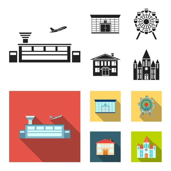 Flughafen, Bank, Wohnhaus, Riesenrad. Gebäude Set Sammlung Symbole in schwarz, flachen Stil Vektor Symbol Stock Illustration Web. — Stockvektor