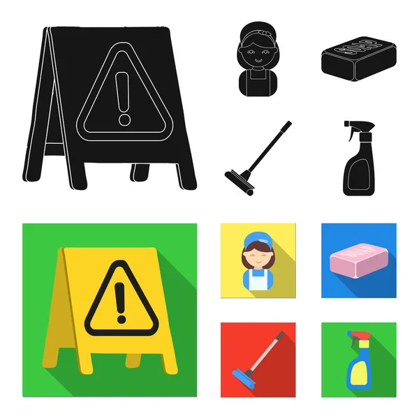 Limpieza y criada negro, iconos planos en la colección de conjuntos para el diseño. Equipo para la limpieza vector símbolo stock web ilustración . — Vector de stock
