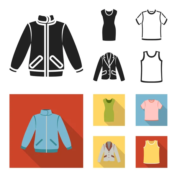 Jacke, Tunika, T-Shirt, Businessanzug. Kleidersatz Sammlung Symbole in schwarz, flachen Stil Vektor Symbol Stock Illustration Web. — Stockvektor