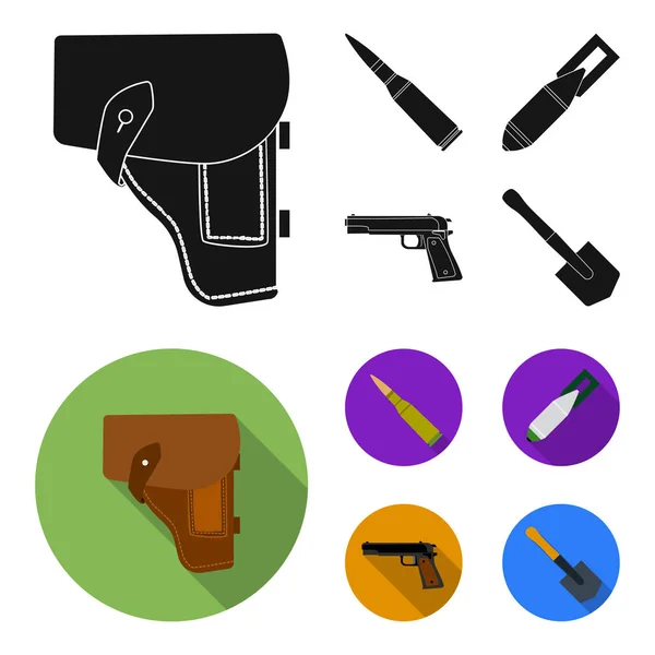 Funda, cartucho, bomba aérea, pistola. Militar y ejército conjunto colección iconos en negro, plano estilo vector símbolo stock ilustración web . — Vector de stock