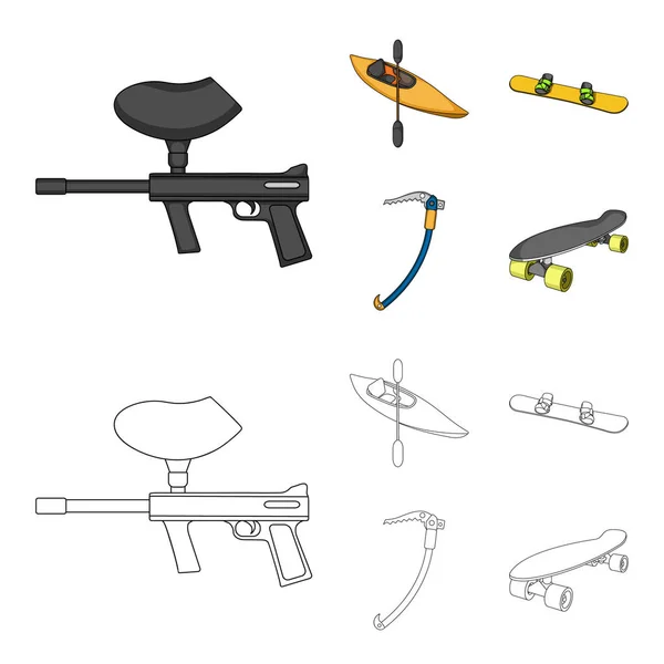 Paintball marcador, kayak con una paleta, snowboard y escalada de hielo ax.Extreme deporte conjunto colección iconos en dibujos animados, contorno de estilo vector símbolo stock illustration web . — Vector de stock