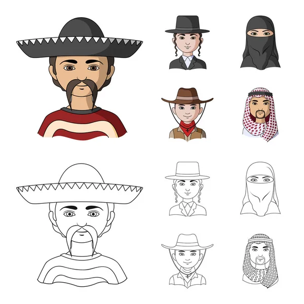 Um mexicano, um judeu, uma mulher do Médio Oriente, um americano. A raça humana conjunto coleção ícones em desenhos animados, esboço estilo vetor símbolo ilustração web . —  Vetores de Stock