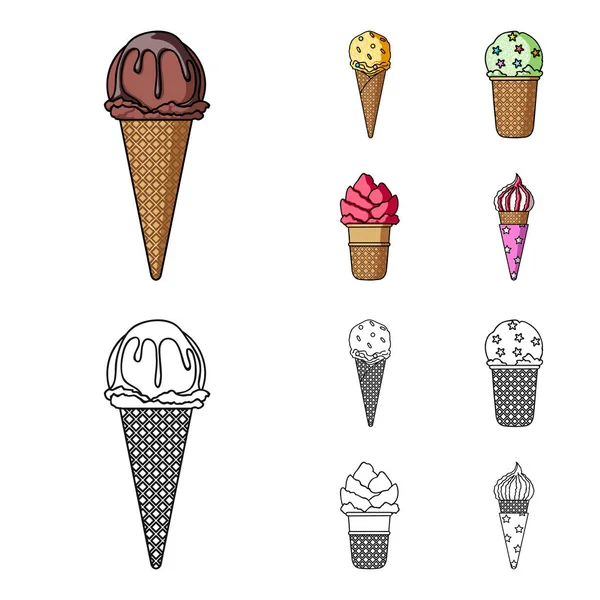 Fagylalt a bottal, egy waffle kúp és más fajok. Ice cream készlet ikonok gyűjtemény rajzfilm, vázlat stílusú vektor szimbólum stock illusztráció web. — Stock Vector