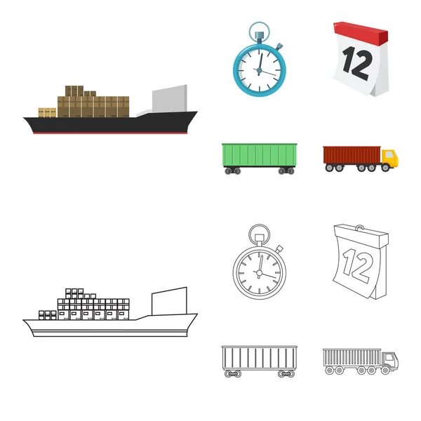 Vrachtschip, stopwatch, kalender, treinwagon. Logistieke, set collectie iconen in de tekenfilm, overzicht stijl vector symbool stock illustratie web. — Stockvector