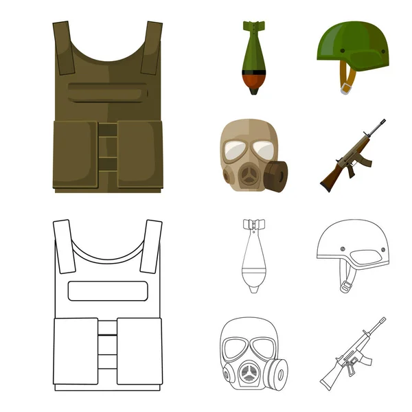 Chaleco antibalas, mío, casco, máscara de gas. Militar y ejército conjunto colección iconos en dibujos animados, contorno estilo vector símbolo stock ilustración web . — Vector de stock