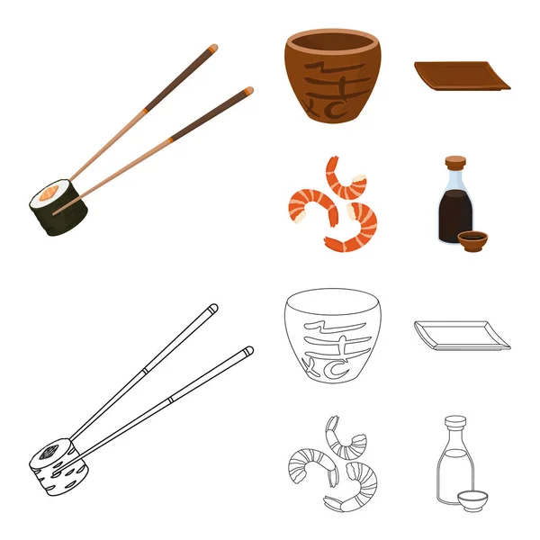 Sticks, Garnelen, Substrat, bowl.sushi set collection icons in cartoon, outline style vector symbol stock illustration web. — Stockvektor