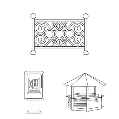 Park, ekipman anahat simgeleri set koleksiyonu tasarım için. Yürüyüş ve dinlenme sembol stok web illüstrasyon vektör.