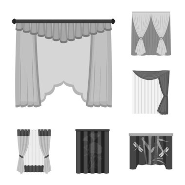 Set koleksiyonu tasarım için perdeler tek renkli simgeler farklı türde. Perdeler ve Saçakların sembol stok web illüstrasyon vektör.