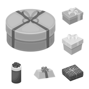 Hediye ve set koleksiyonu tasarım için tek renkli simgeler ambalaj. Renkli ambalaj sembol stok web illüstrasyon vektör.