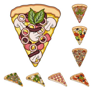 Set koleksiyonu tasarım için farklı pizza karikatür simgeler. Pizza yemek vektör simge stok web çizim.