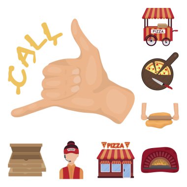 Set koleksiyonu tasarım için pizza ve pizza karikatür simgeler. Personel ve ekipman sembol stok web illüstrasyon vektör.