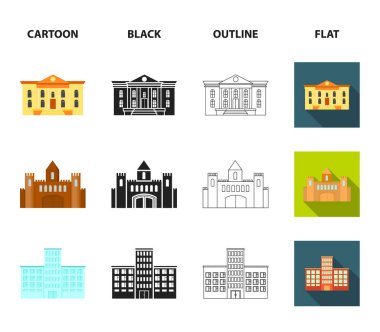 Müze, köprü, kale, hastane. Binada toplama simgeler çizgi film, siyah, anahat, düz stil vektör simge stok çizim web.