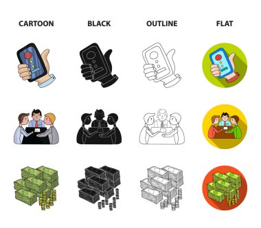 Takvim, telefon konferansı, sözleşmesi, nakit. İş-konferans ve müzakerelerin koleksiyonu Icons set çizgi film, siyah, anahat, düz stil vektör simge stok çizim web.