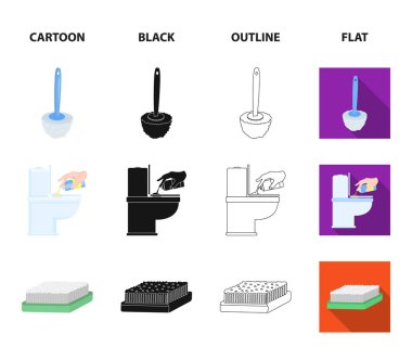 Temizlik ve hizmetçi çizgi film, siyah, anahat, set koleksiyonu tasarım için düz simgeler. Vektör simge stok web illüstrasyon Temizleme için donatım.