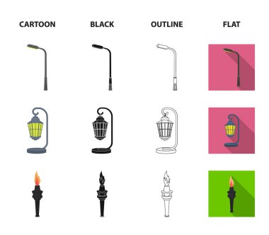Retro tarzı, modern fener, meşale ve diğer tip-in sokak sokak lâmbası direği. Elektrik direği koleksiyonu Icons set çizgi film, siyah, anahat, düz stil vektör simge stok çizim web.