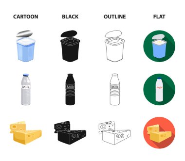 Süt, kalsiyum, ürün, yiyecek. Süt ürünü ve tatlı koleksiyonu Icons set çizgi film, siyah, anahat, düz stil vektör simge stok çizim web.