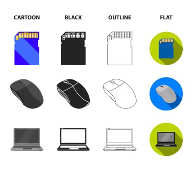 Bilgisayar faresi, dizüstü bilgisayar ve diğer ekipmanlar. Kişisel bilgisayar toplama Icons set çizgi film, siyah, anahat, düz stil vektör simge stok çizim web.